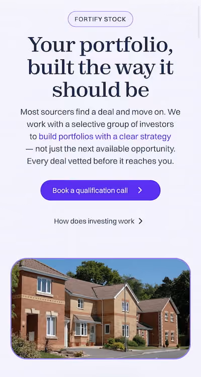 Screenshot of investment service text and button above a photo of suburban houses on a sunny day.