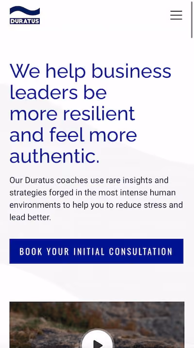 Mobile screen showing Duratus coaching message about helping business leaders be resilient and authentic.
