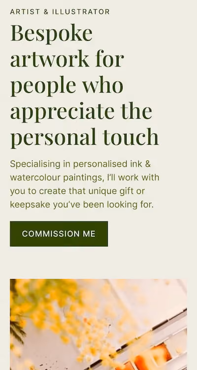Text about bespoke artwork and an artist offering commissions with a button labeled 'Commission Me'.