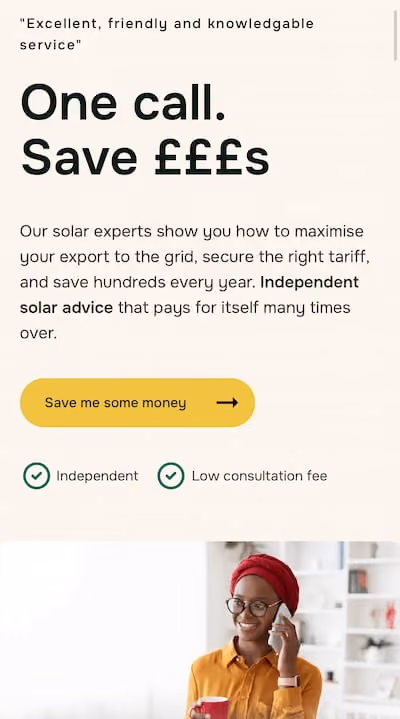 Text about solar savings and advice with a woman in red headwrap and glasses talking on phone below.