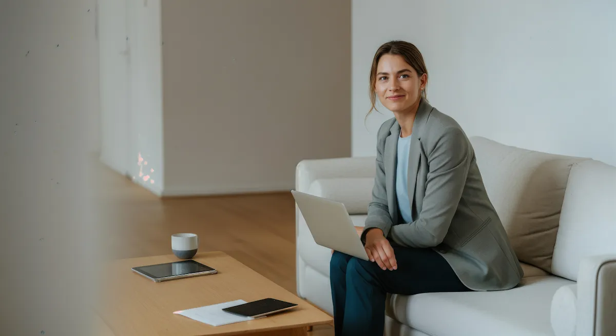 Woman in a gray blazer sitting on a couch with a laptop on her lap smiling at the camera.