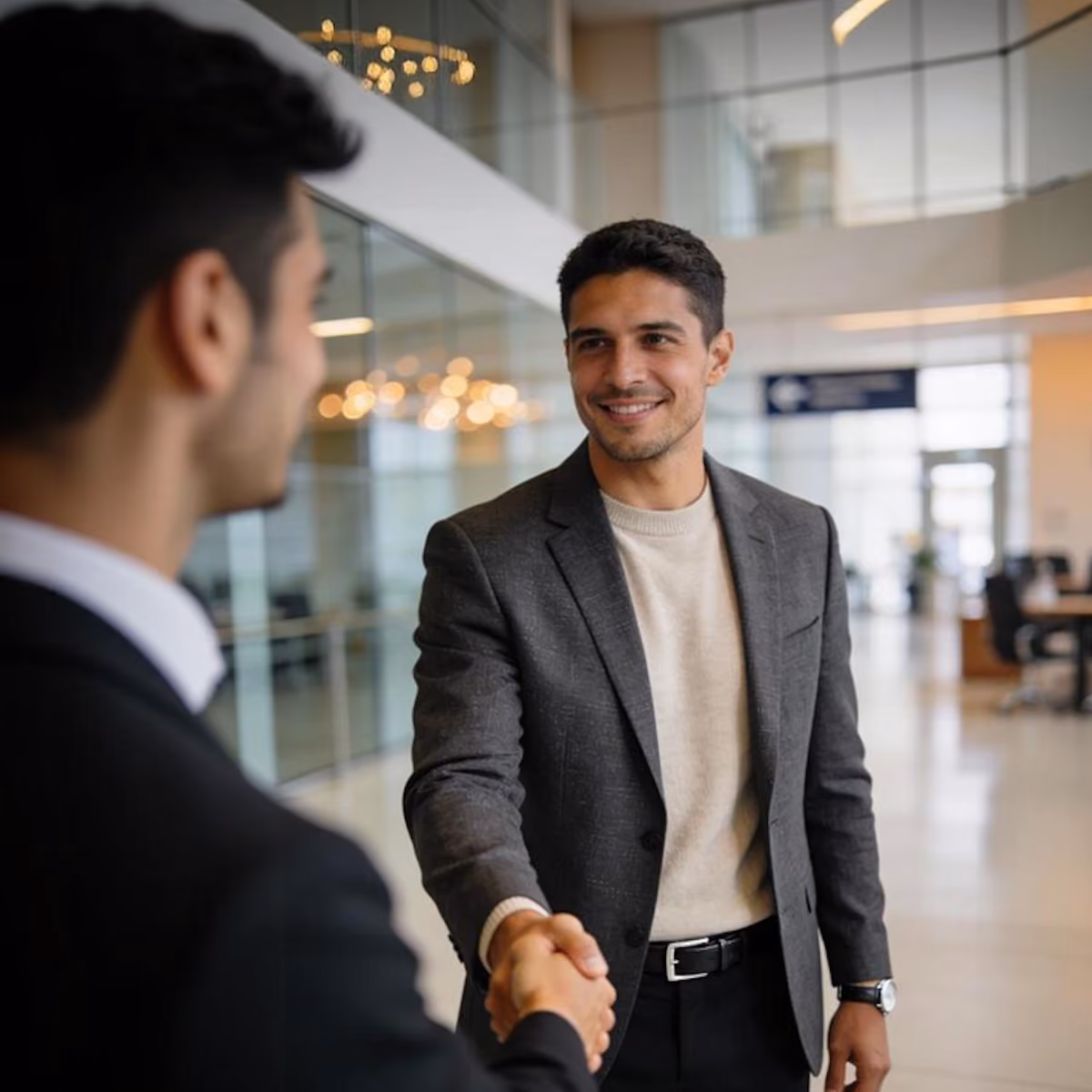 Two men in business attire shaking hands in a modern office lobby with glass walls.