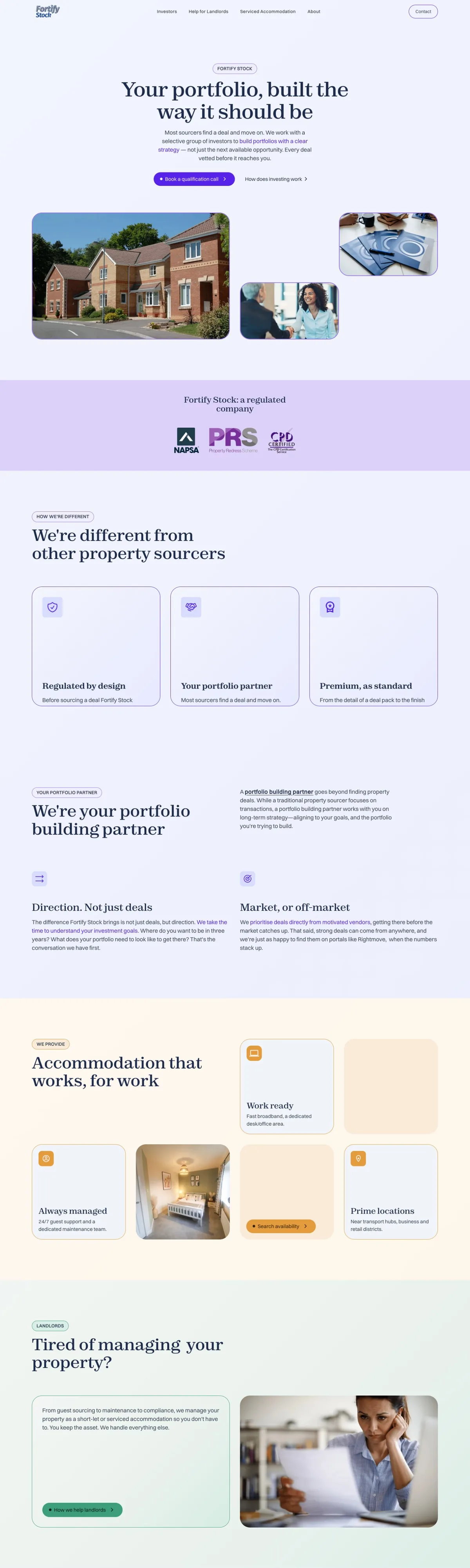 The Fortify Stock homepage, from the hero 'Your portfolio, built the way it should be' through sections for investors, serviced accommodation and landlords.