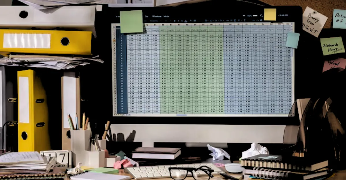 Cluttered desk with papers, folders, glasses, and stationery in front of a monitor displaying a messy spreadsheet.