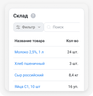 Таблица актуальных складских остатков