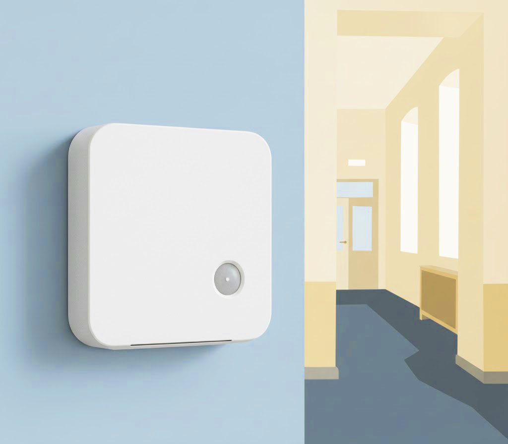 White square sensor mounted on a light blue wall in a corridor with arched windows and light yellow walls.