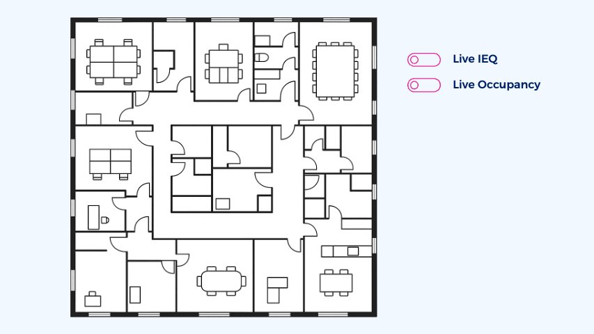 Animated black and white office floor plan with multiple rooms, including offices, meeting rooms, lounges, and restrooms, alongside toggles for live IEQ and live occupancy monitoring.