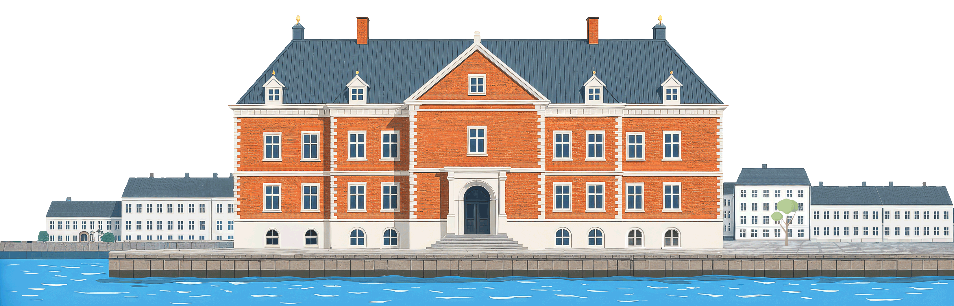 Large historic government building with red brick central section and white wings beside a body of water.