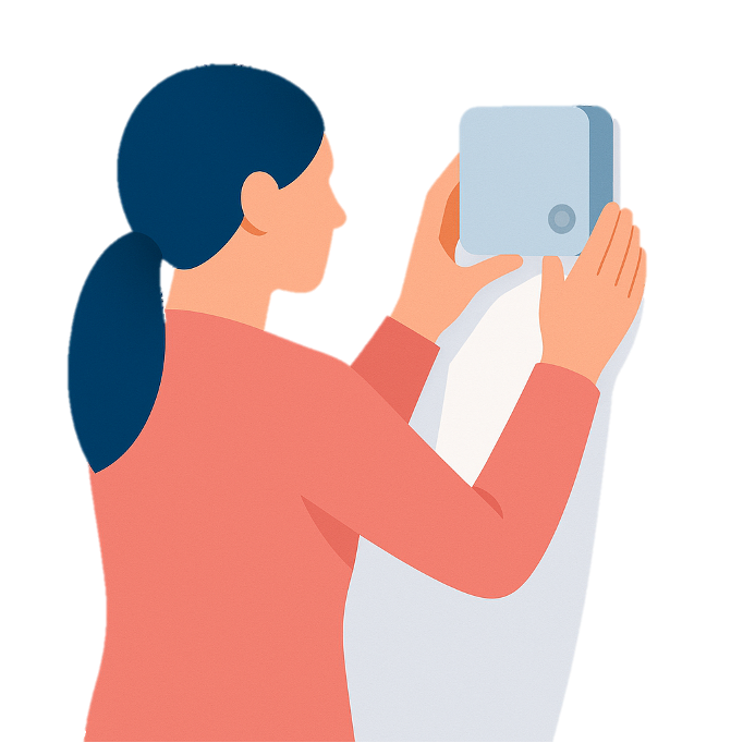 Illustration of a woman with dark blue hair in a ponytail wearing a coral top, installing or adjusting a small square sensor device on a wall.