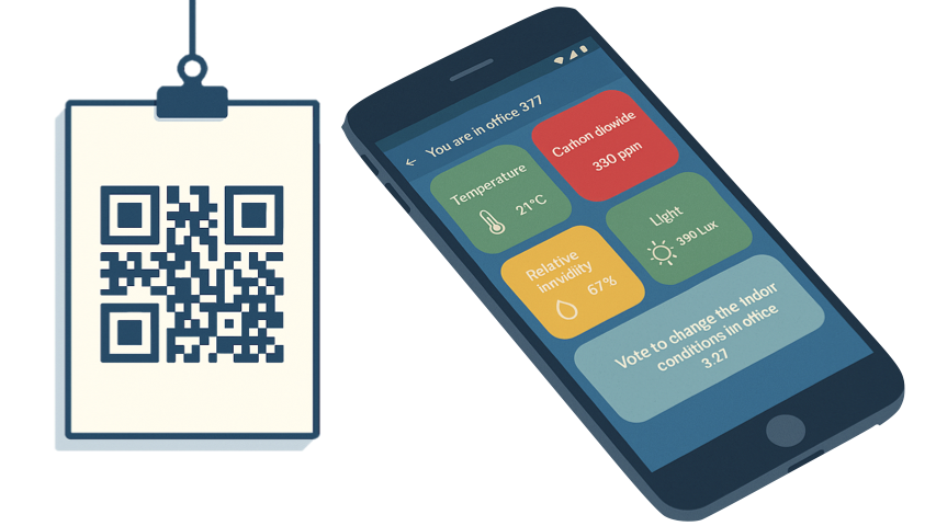 Illustration of a smartphone displaying indoor environment data alongside a QR code.