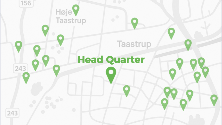 Map showing multiple green location markers clustered around areas labelled Høje Taastrup and Taastrup, with a prominent marker labelled Head Quarter in the centre.
