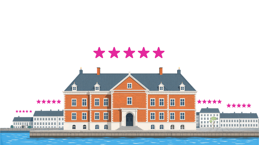 Illustration of a large orange-brick building with a blue roof by the water, surrounded by smaller white buildings, all with pink star ratings above them.