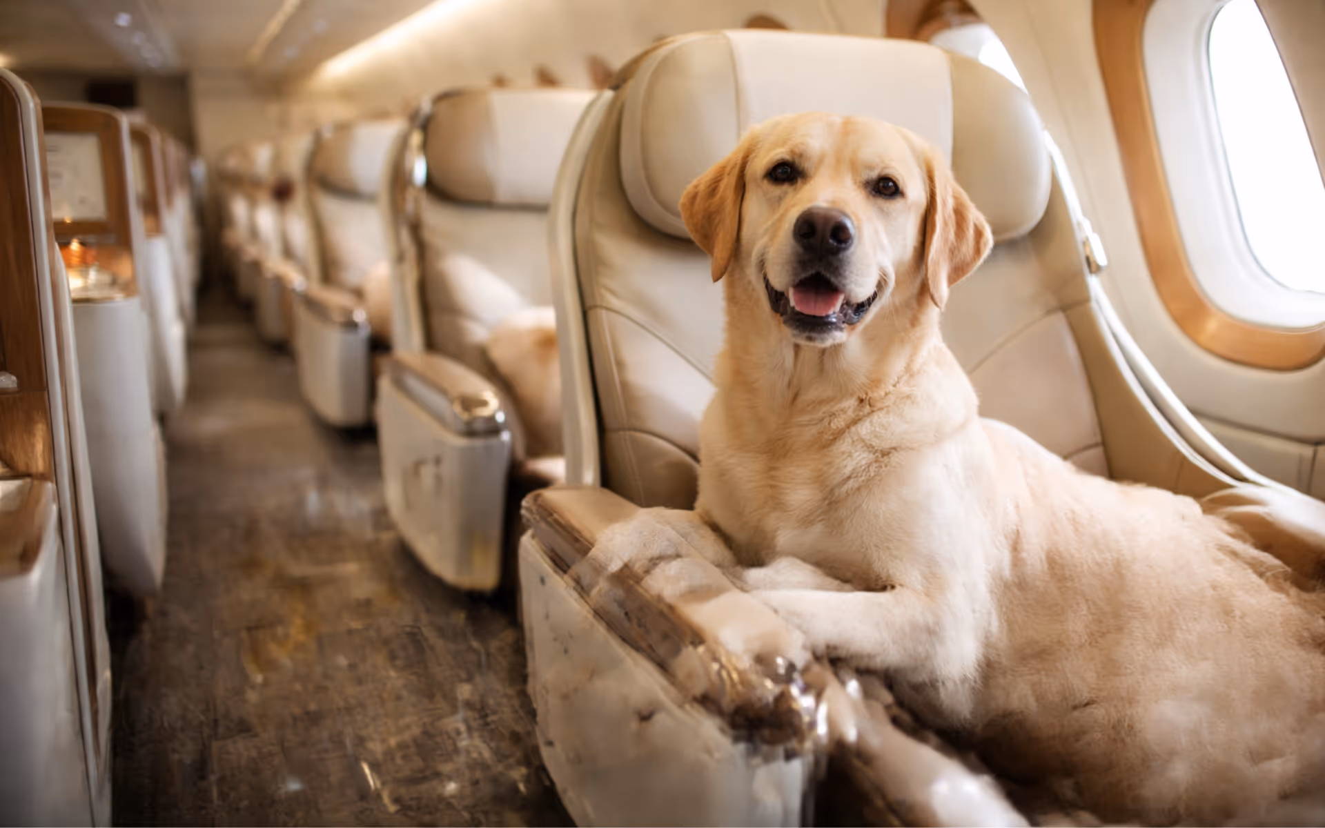 Yellow Labrador dog sitting comfortably on a spacious leather seat inside a luxury airplane cabin.