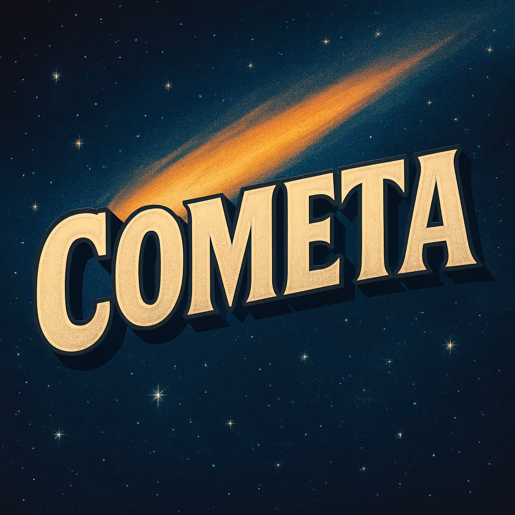 Слово «COMETA» с изображением яркого кометного хвоста на фоне ночного звездного неба.