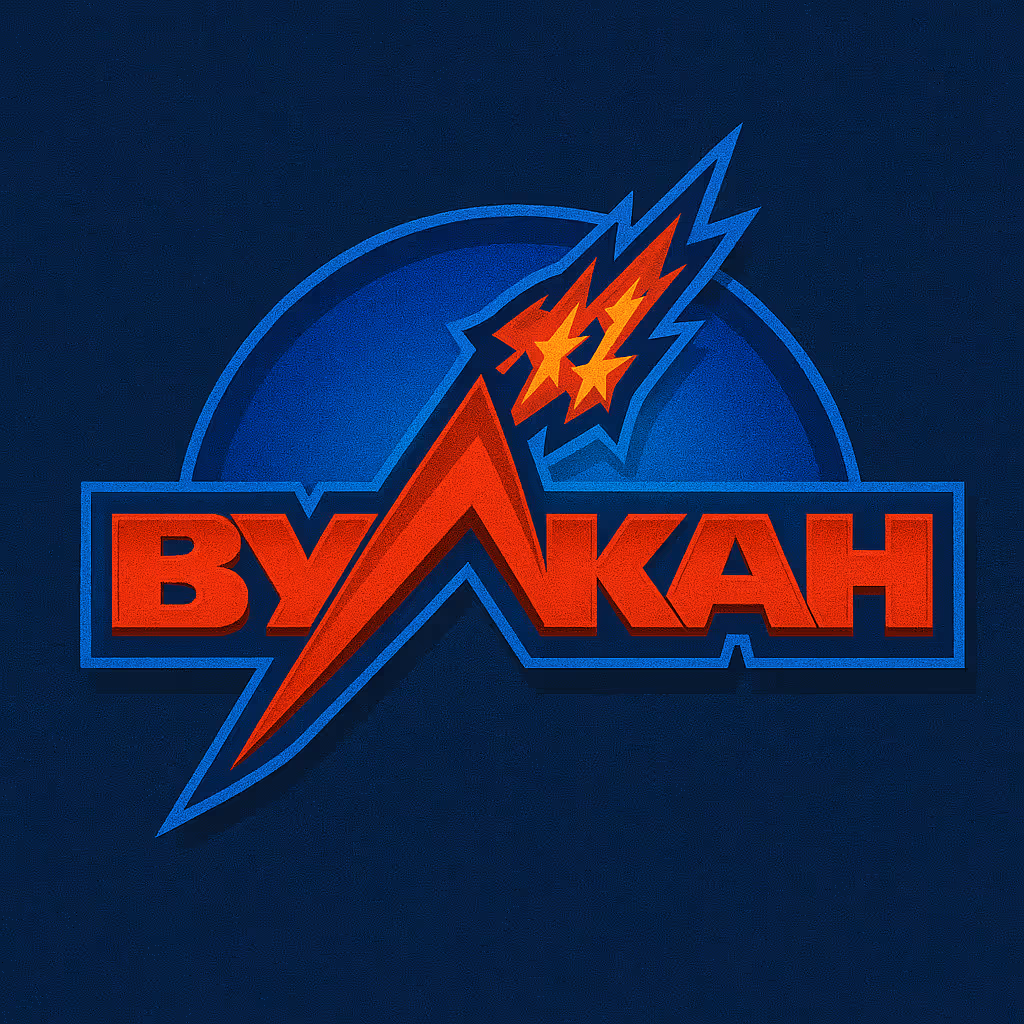 Логотип Вулкан с красными буквами и стилизованной кометой на синем фоне.