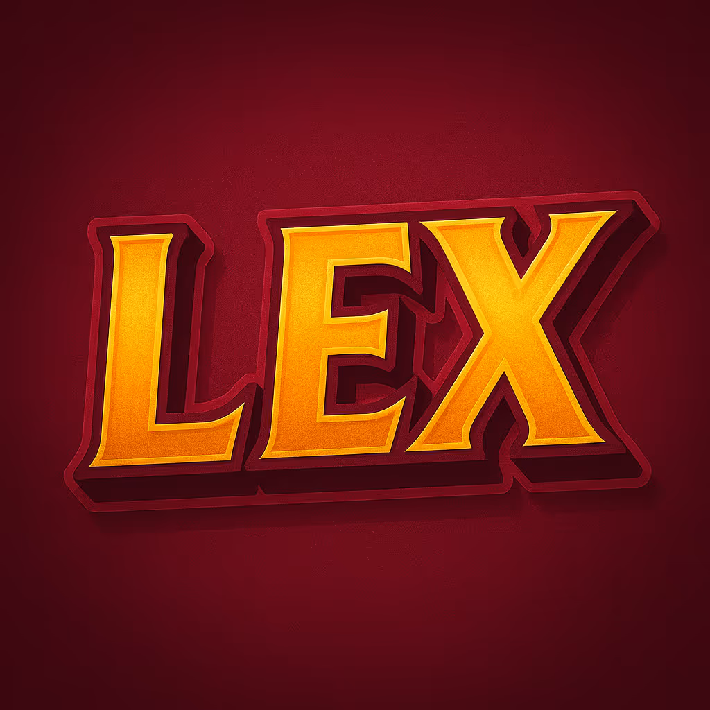 Жёлтое слово 'LEX' с красной тенью на тёмно-красном фоне.