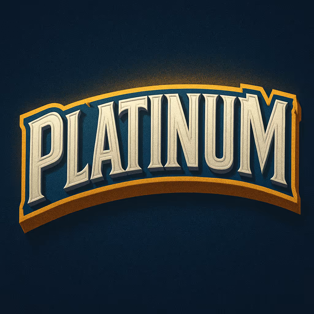 Слово PLATINUM крупным шрифтом с золотой и синей окантовкой на темном фоне.