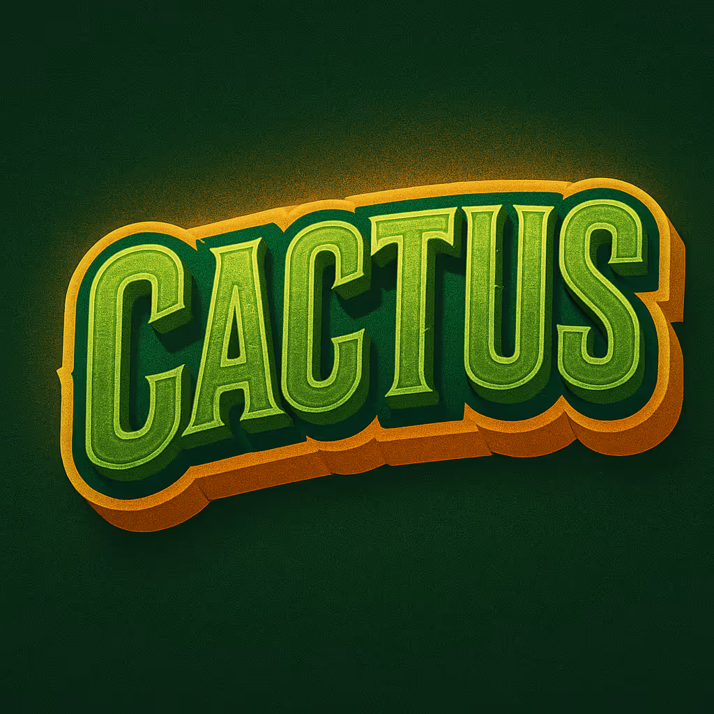 Слово CACTUS крупными зелеными буквами с оранжевой тенью на темно-зеленом фоне.