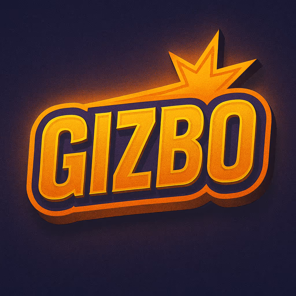 Логотип со словом GIZBO яркого оранжевого цвета с короной поверх надписи на темном фоне.