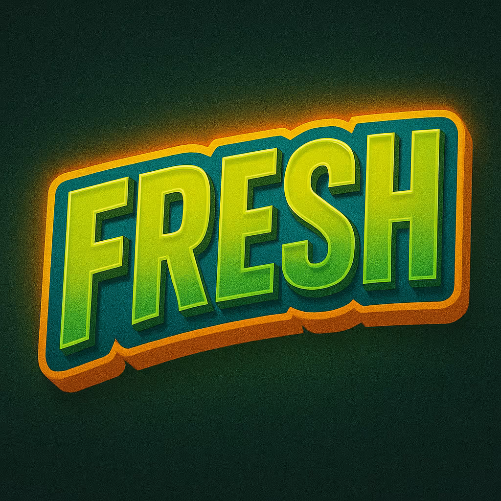 Объемное слово «FRESH» зеленого цвета с оранжевой тенью на темно-зеленом фоне.