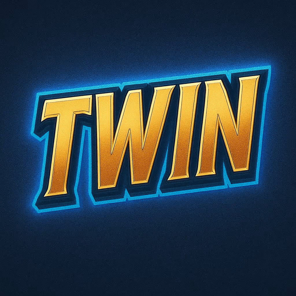 Слово TWIN золотыми буквами с синим неоновым свечением на темном фоне.