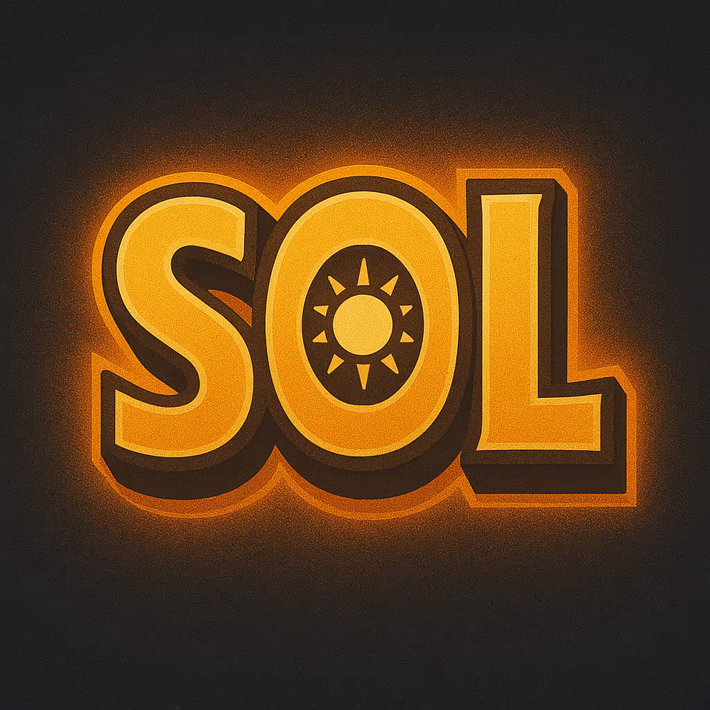 Слова SOL подсвечены оранжевым светом, буква O содержит символ солнца.