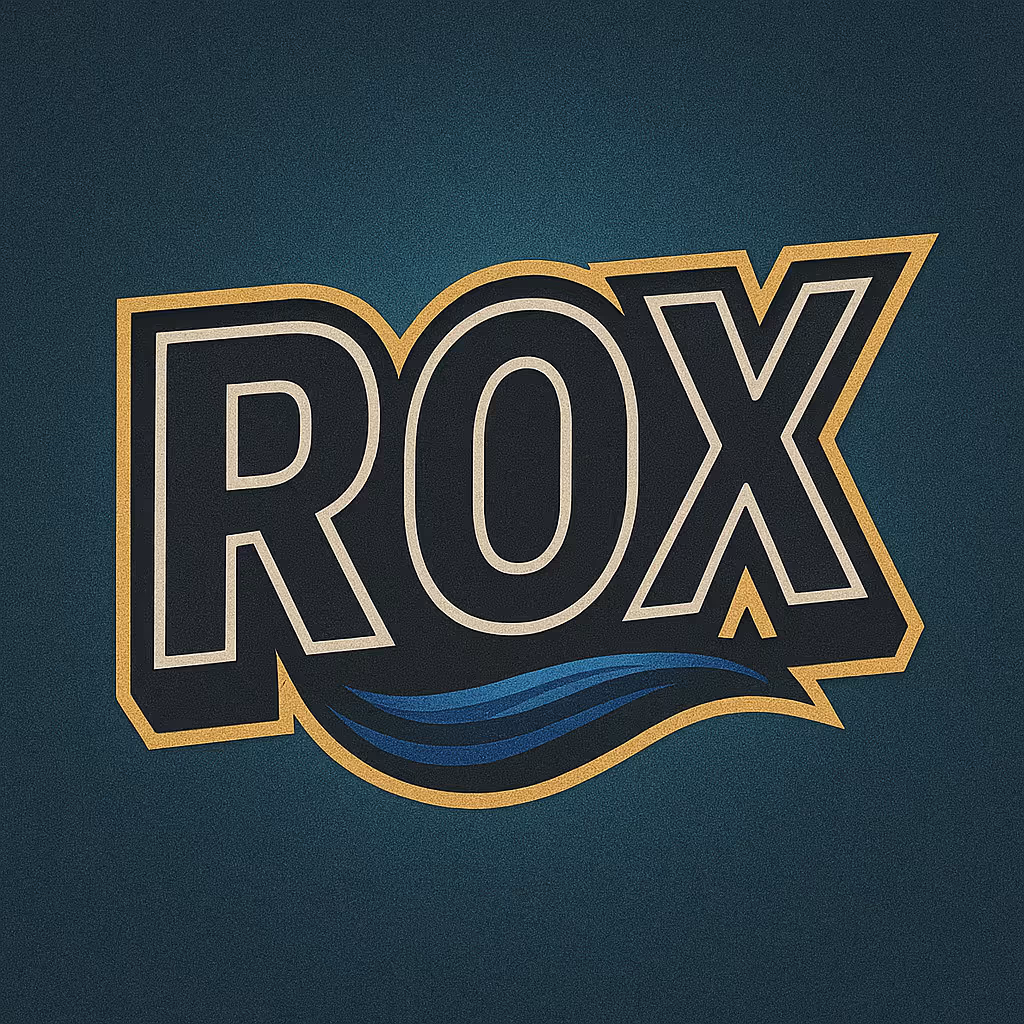 Логотип с большими буквами ROX с золотой окантовкой и синей волной на темном фоне.
