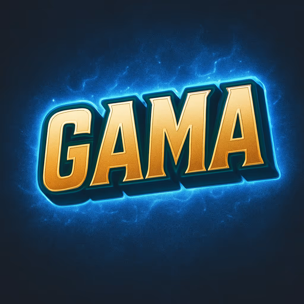 Золотое слово GAMА с голубой неоновой подсветкой на темном фоне.