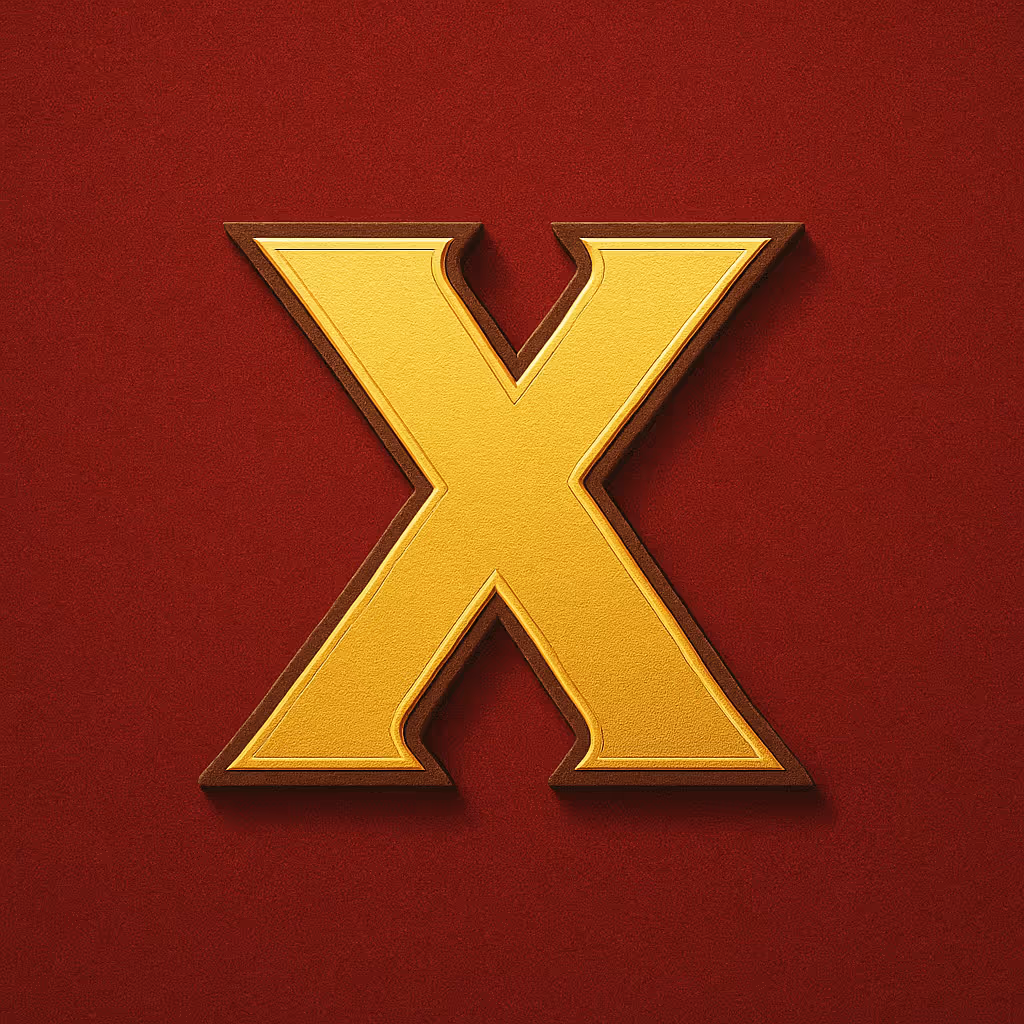 Золотая буква X с объемным эффектом на бордовом фоне.
