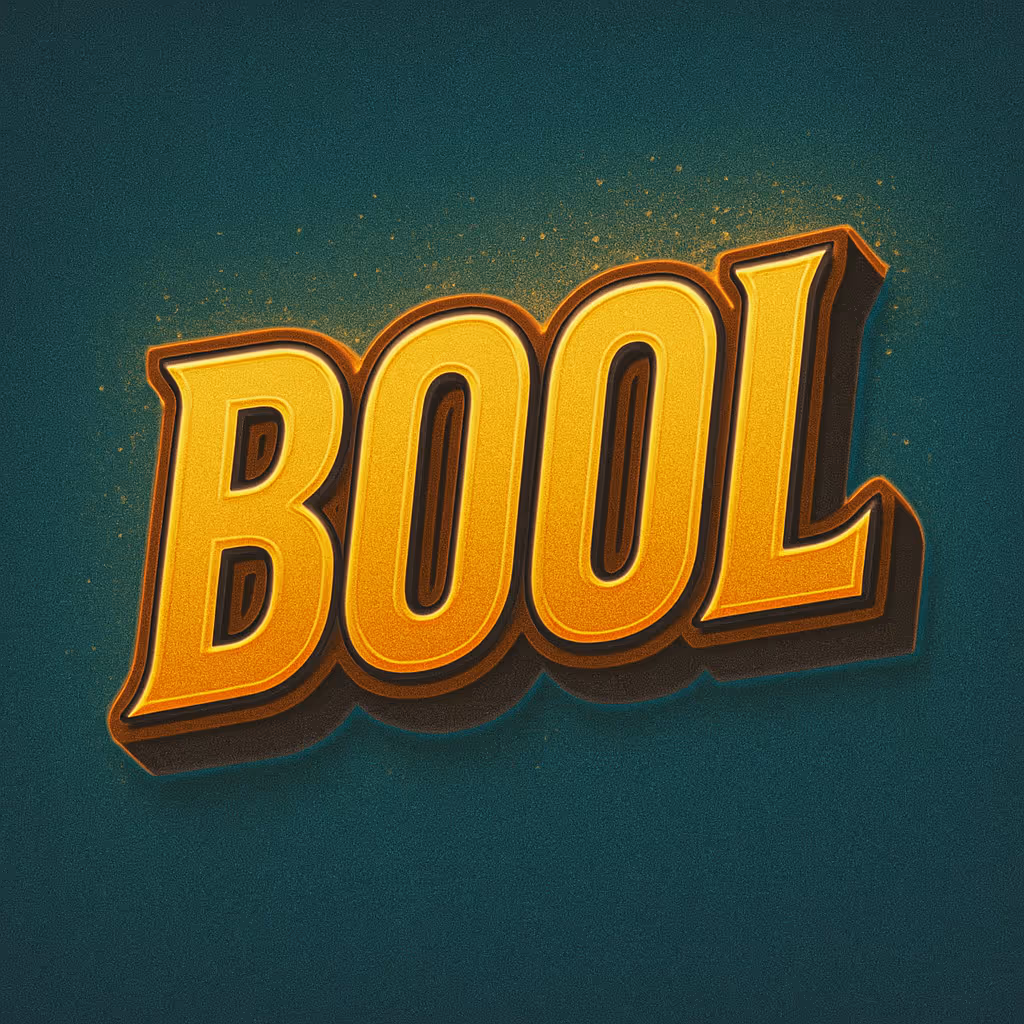 Жёлтое слово BOOL с 3D эффектом на тёмно-зелёном фоне.