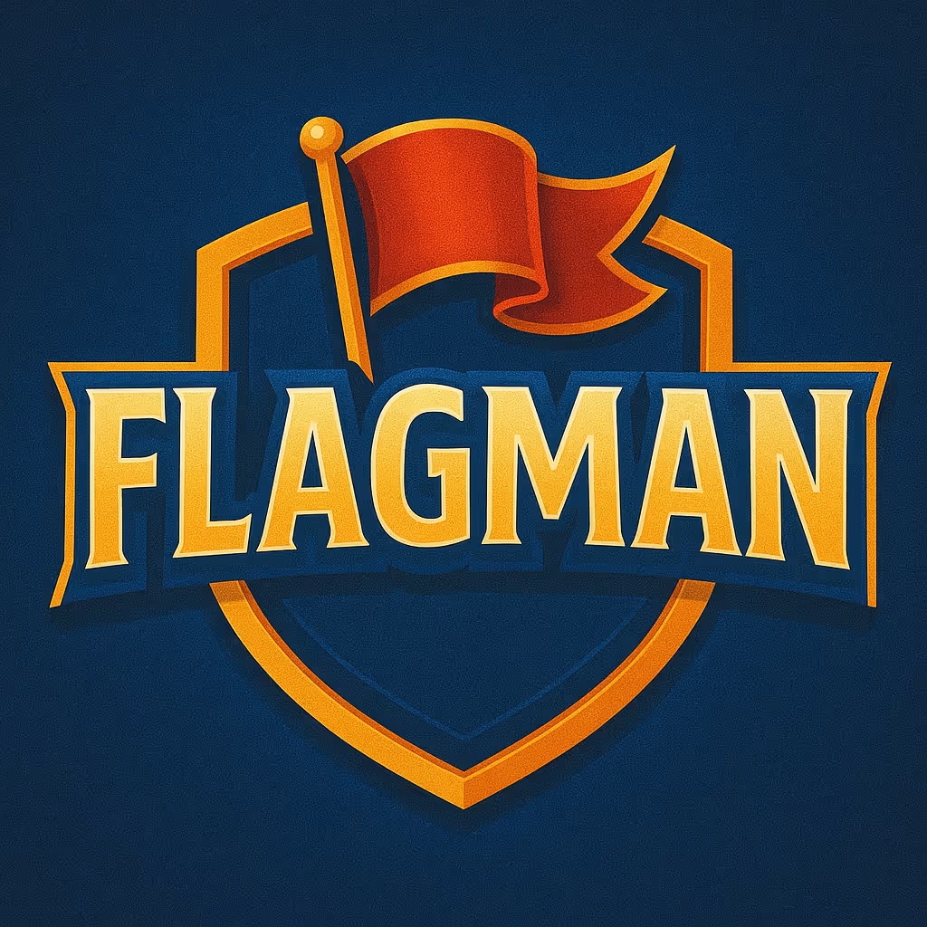 Логотип с золотистой надписью FLAGMAN на фоне щита и красного флага.