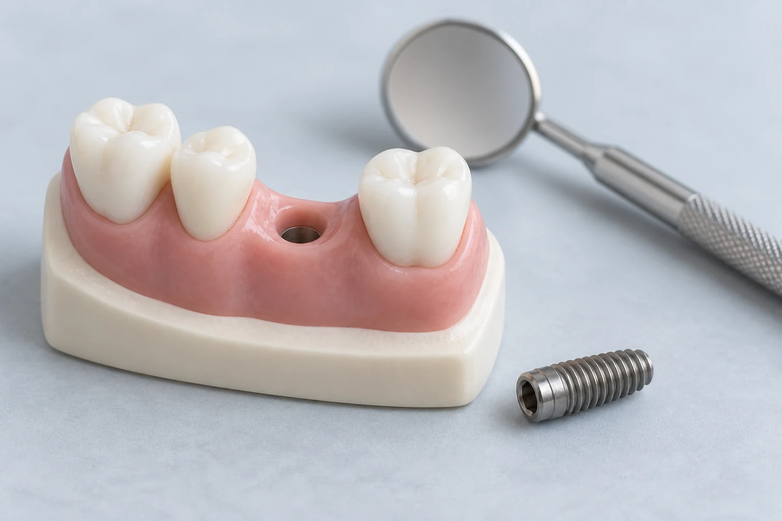 Modèle pédagogique de mâchoire et matériel de pose d’un implant dentaire.
