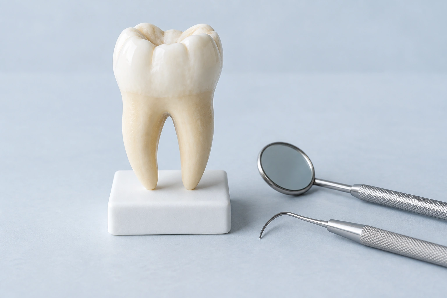 Modèle pédagogique d’une dent et instruments de consultation dentaire.