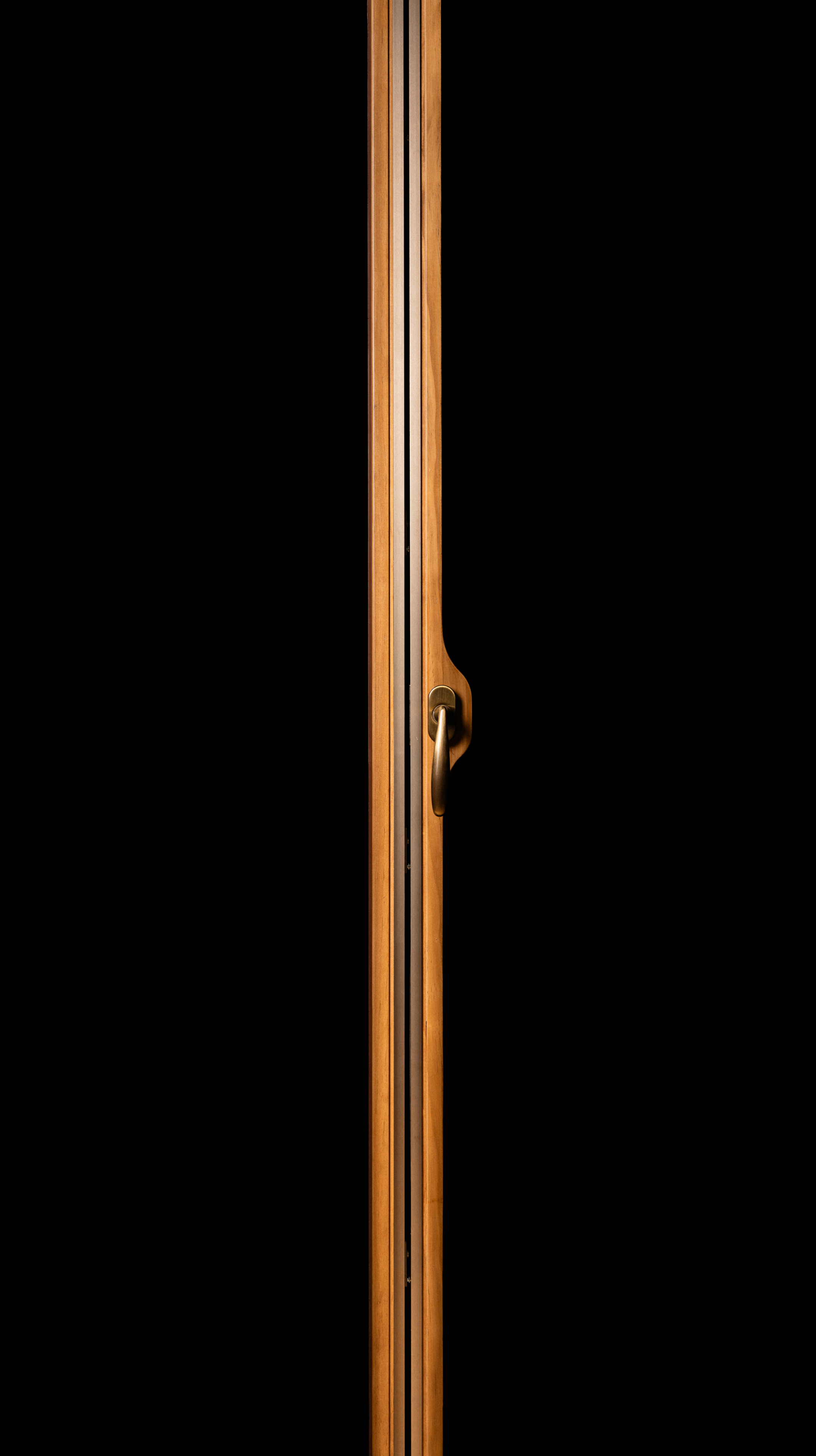 Close-up of a wooden door edge with a brass handle on a black background.