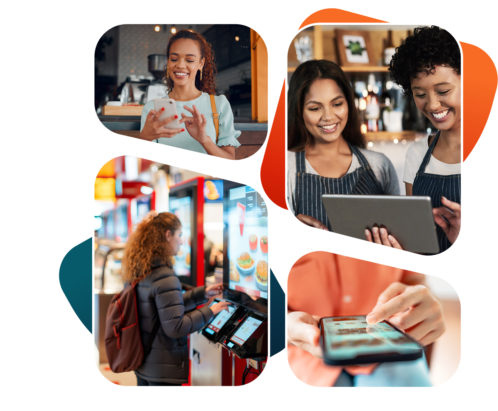 Collage of people using digital devices for food ordering: a woman smiling at her phone, two women in aprons looking at a tablet, a woman selecting food from a touchscreen kiosk, and a close-up of hands navigating a food app on a smartphone.