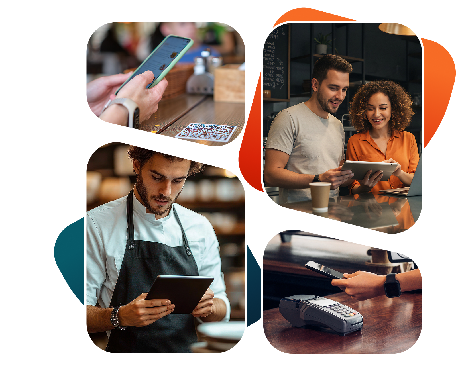 Collage showing digital payments and technology: person scanning QR code with phone, barista using tablet, couple reviewing tablet together, and person making contactless payment with smartphone.
