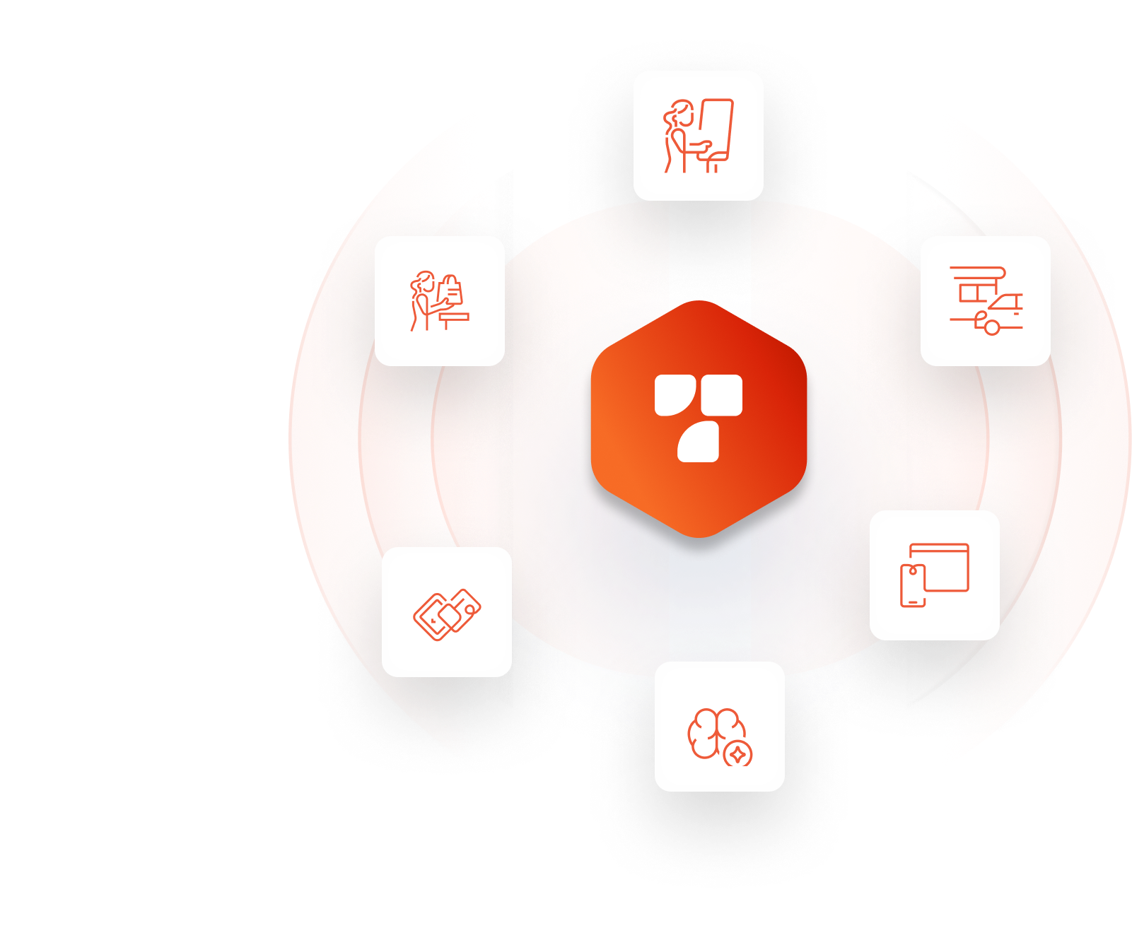 Abstract illustration of a central orange hexagon Tillster logo surrounded by circular, flowing orange shapes, with six floating feature icons around it representing kiosk ordering, drive-thru, in-store pickup, payments, AI or personalization, and multi-device ordering, symbolizing an integrated restaurant technology platform.