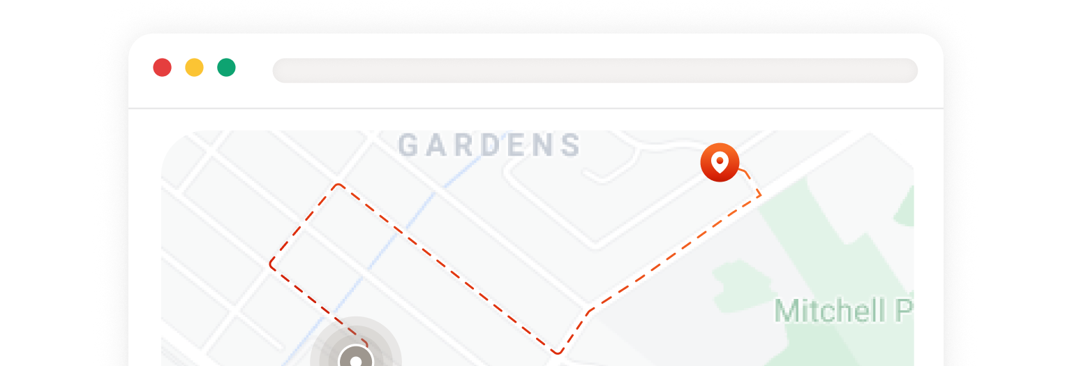 Stylized illustration of a web browser window displaying a map with a dashed route and location pin, representing delivery tracking, service areas, or location-based functionality.