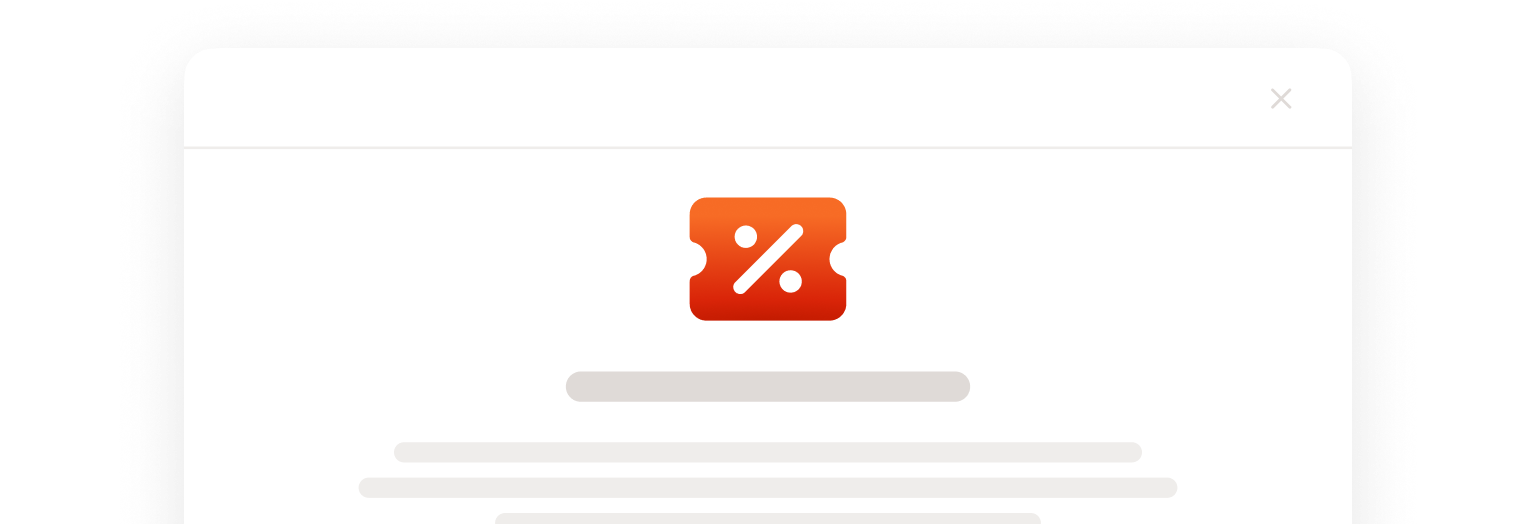 Stylized illustration of a web page modal window featuring a centered orange coupon icon with a percentage symbol, representing a promotional offer or discount popup interface.