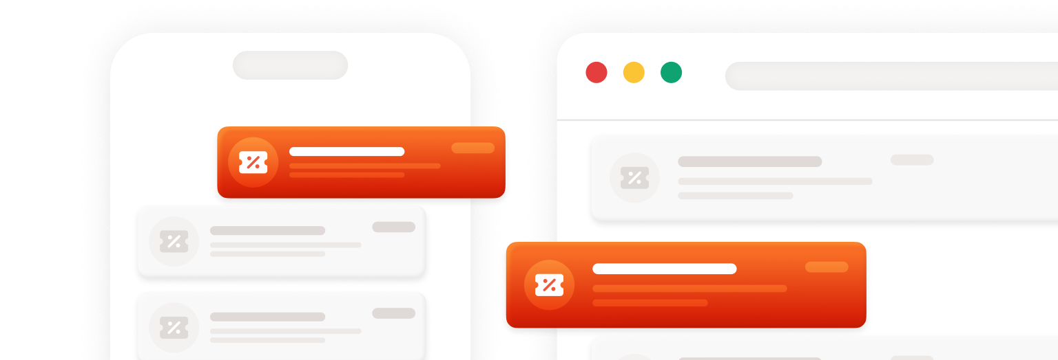 Stylized illustration of a mobile app screen and desktop browser interface side by side, with highlighted orange coupon notification cards layered over muted background content, representing promotional offers across devices.