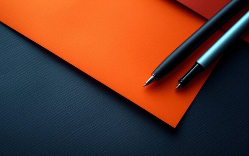 Close-up of two black pens resting diagonally on bright orange paper over a dark textured surface, creating a bold, modern contrast.