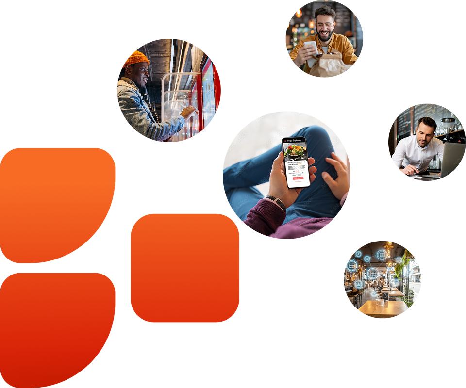 Collage-style graphic featuring circular photos of digital and in-store restaurant experiences: a customer using a self-service kiosk, a man smiling while paying with his phone and holding takeout, a person browsing a food ordering app on a smartphone, a restaurant manager working on a laptop, and a modern dining area with digital connectivity icons overlayed. Orange abstract shapes appear on the left side.