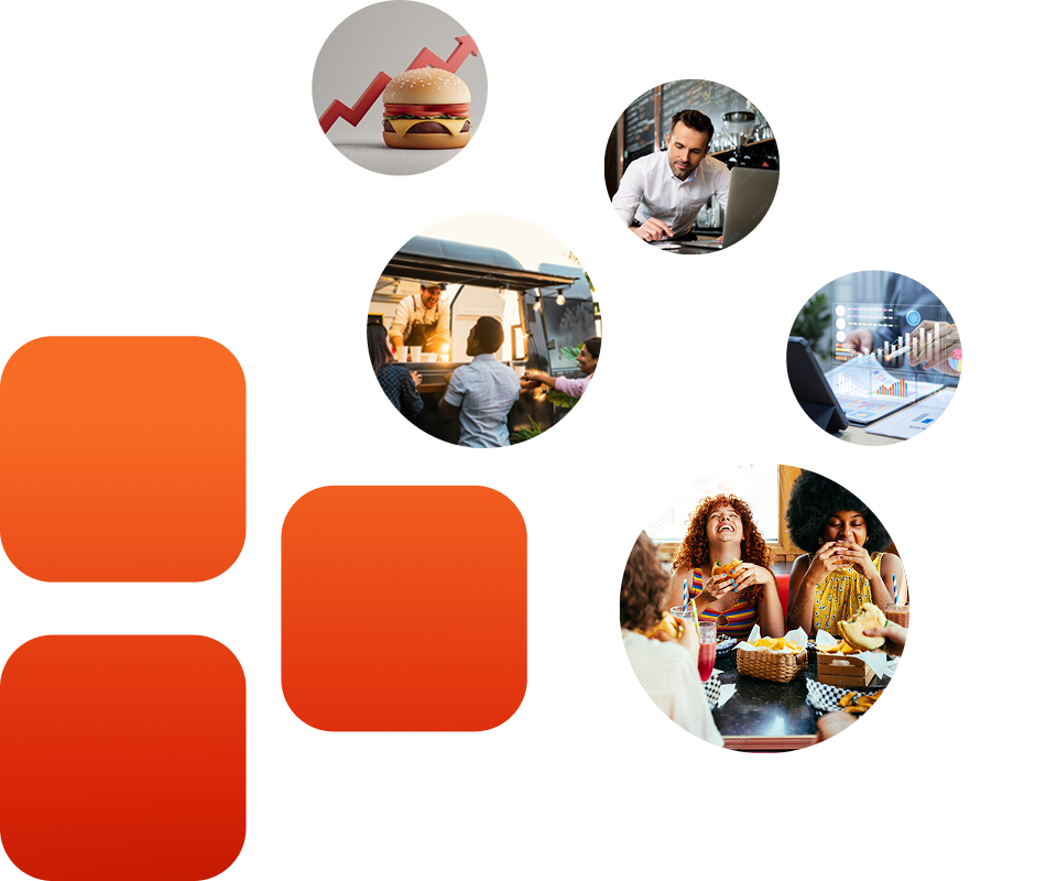 Collage-style graphic featuring circular photos related to restaurant growth and operations: a burger in front of an upward-trending red arrow, a restaurant manager working on a laptop, customers ordering at a food truck, a tablet displaying sales analytics and performance charts, and friends enjoying burgers together at a table. Orange abstract shapes appear on the left side.