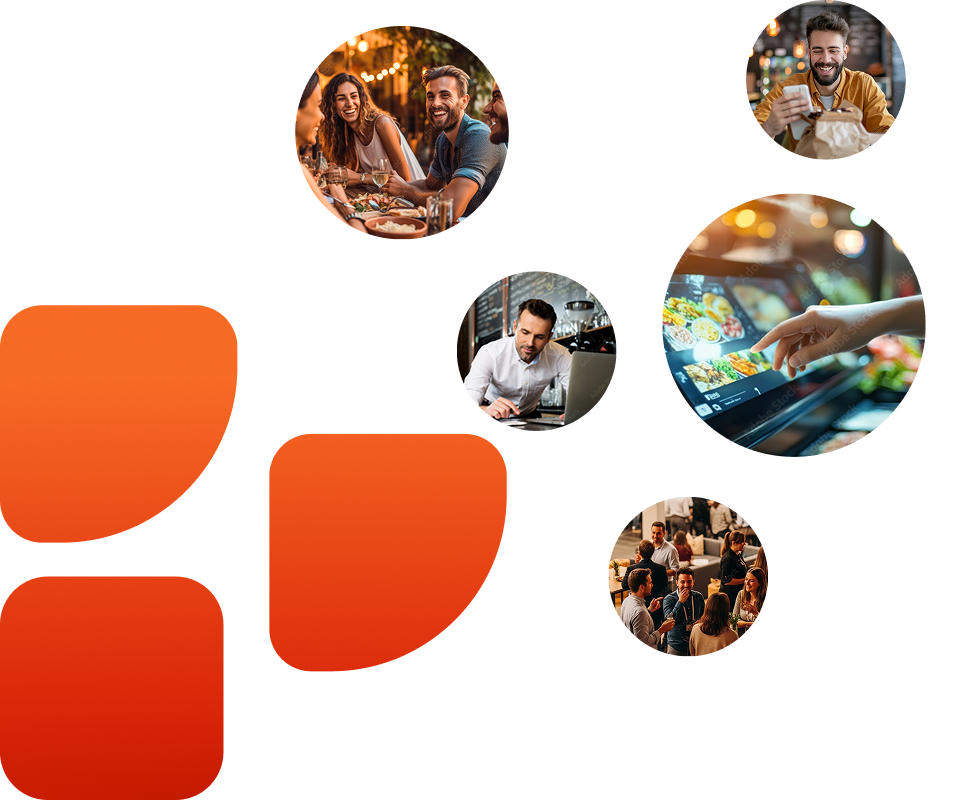 Collage-style graphic featuring circular photos of restaurant and digital ordering experiences: friends enjoying dinner outdoors, a man smiling while paying with his phone and holding takeout, a customer using a touchscreen kiosk to browse menu items, a restaurant staff member working on a laptop, and a group of people socializing at a gathering. Orange abstract shapes appear on the left side.