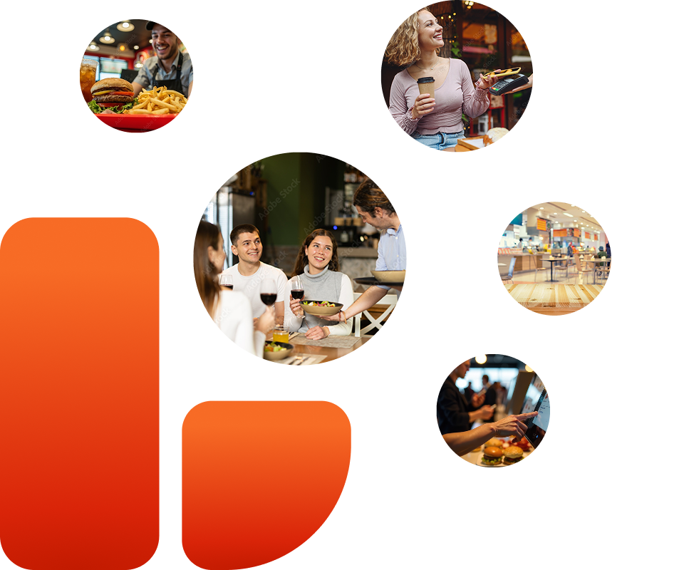 Collage-style graphic featuring circular photos of restaurant experiences: a burger and fries being served, a woman holding coffee and a phone for mobile ordering, friends dining at a table with a server, an empty fast-casual dining area, and a customer using a self-service kiosk. Orange abstract shapes appear on the left side.