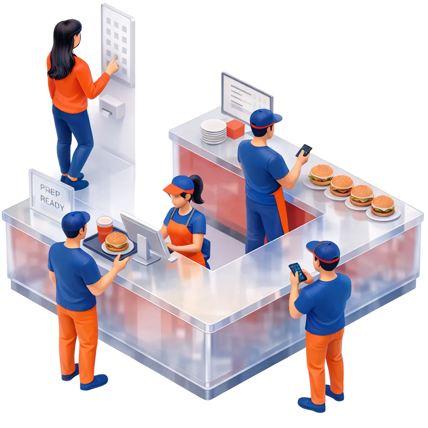 Illustration of a quick-service restaurant counter with staff preparing burgers, a customer using a self-service ordering kiosk, and others ordering via mobile phones, representing digital ordering and modern QSR operations.