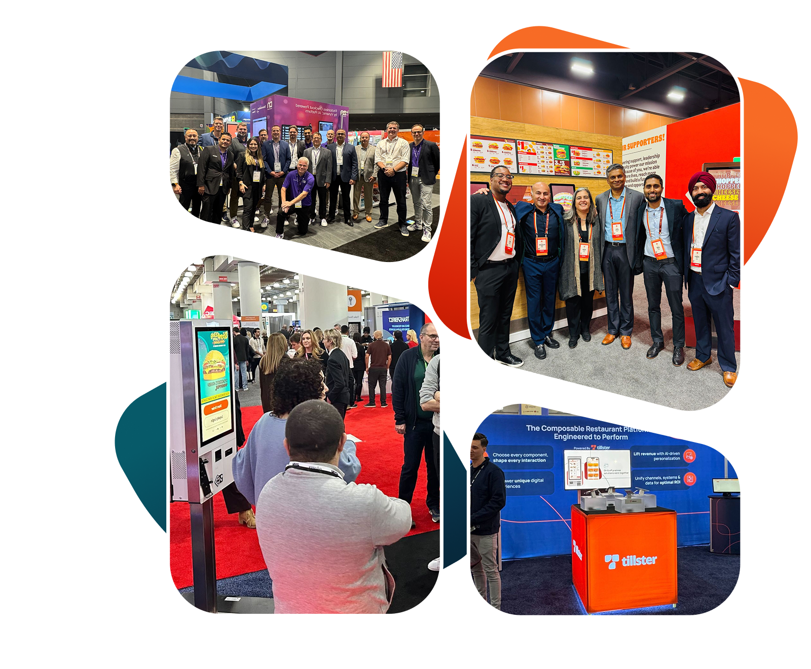 Collage of restaurant technology professionals networking at a trade show, featuring team photos, a self-service kiosk demonstration, and a Tillster booth display.