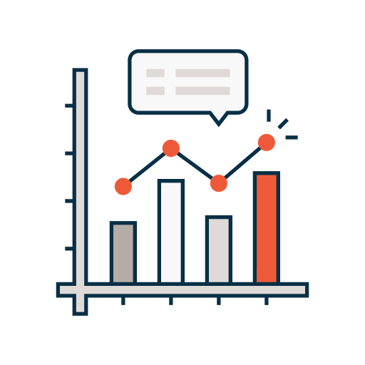 Illustration of a bar chart and line graph with a message bubble, symbolizing data analytics, reporting, and business insights.
