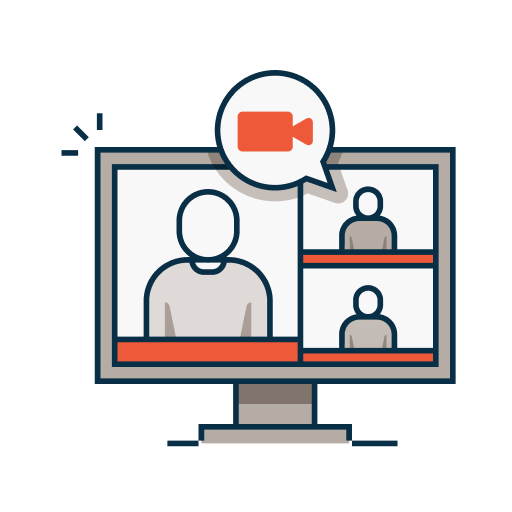 Illustration of a computer screen showing a video meeting with multiple participants, symbolizing virtual meetings or online collaboration.