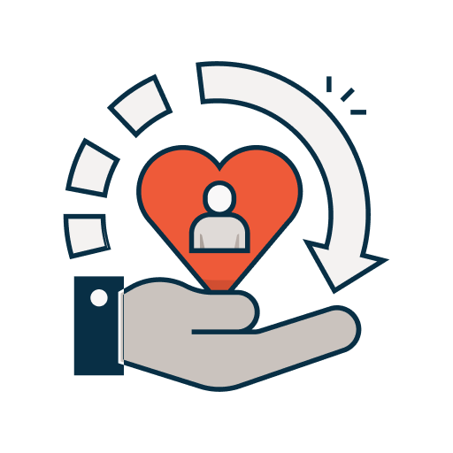 Illustration symbolizing customer loyalty and retention, with a hand holding a heart containing a person icon and a circular arrow representing ongoing engagement.